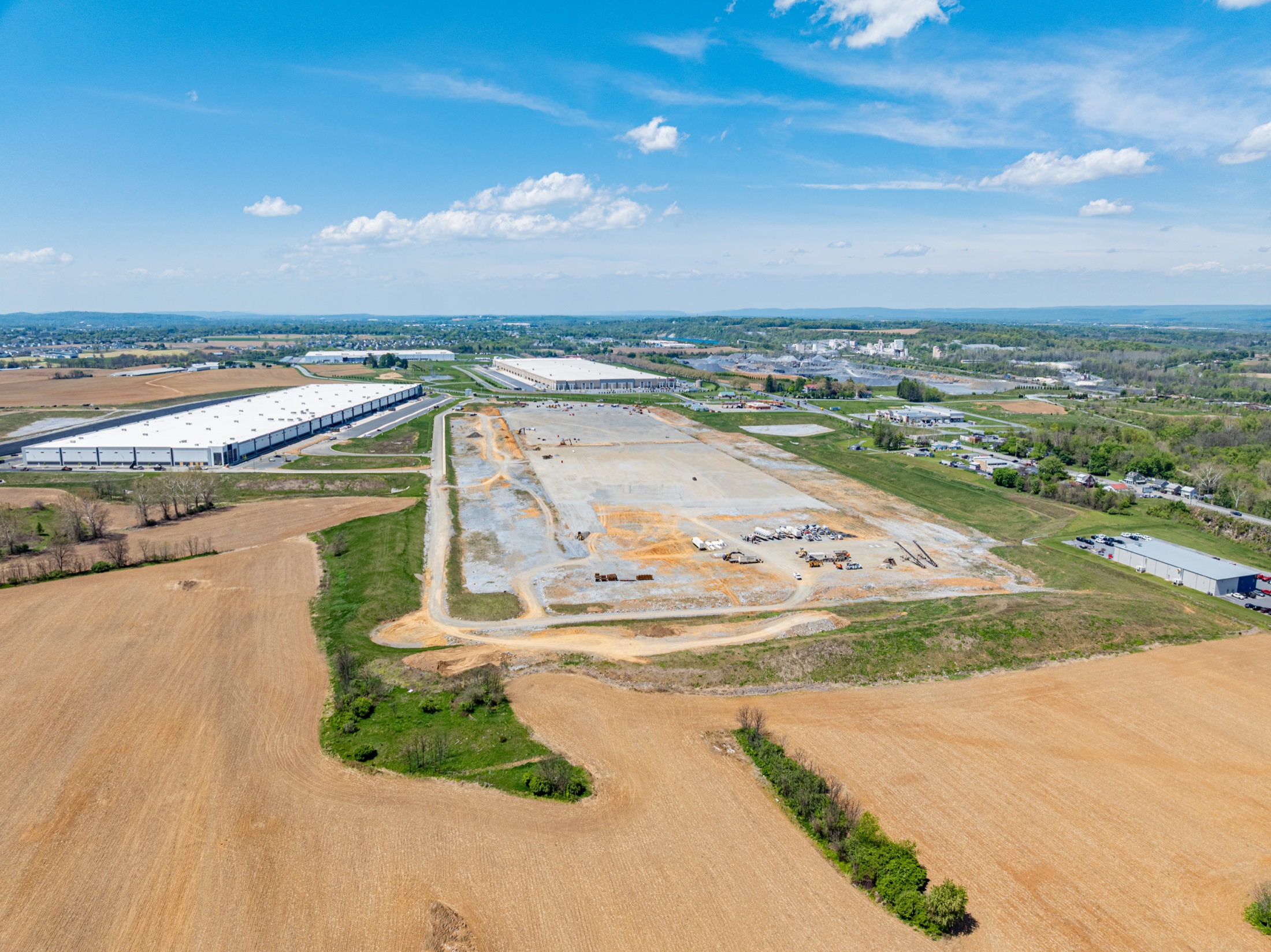 Aerial view across the Building 1 construction pad